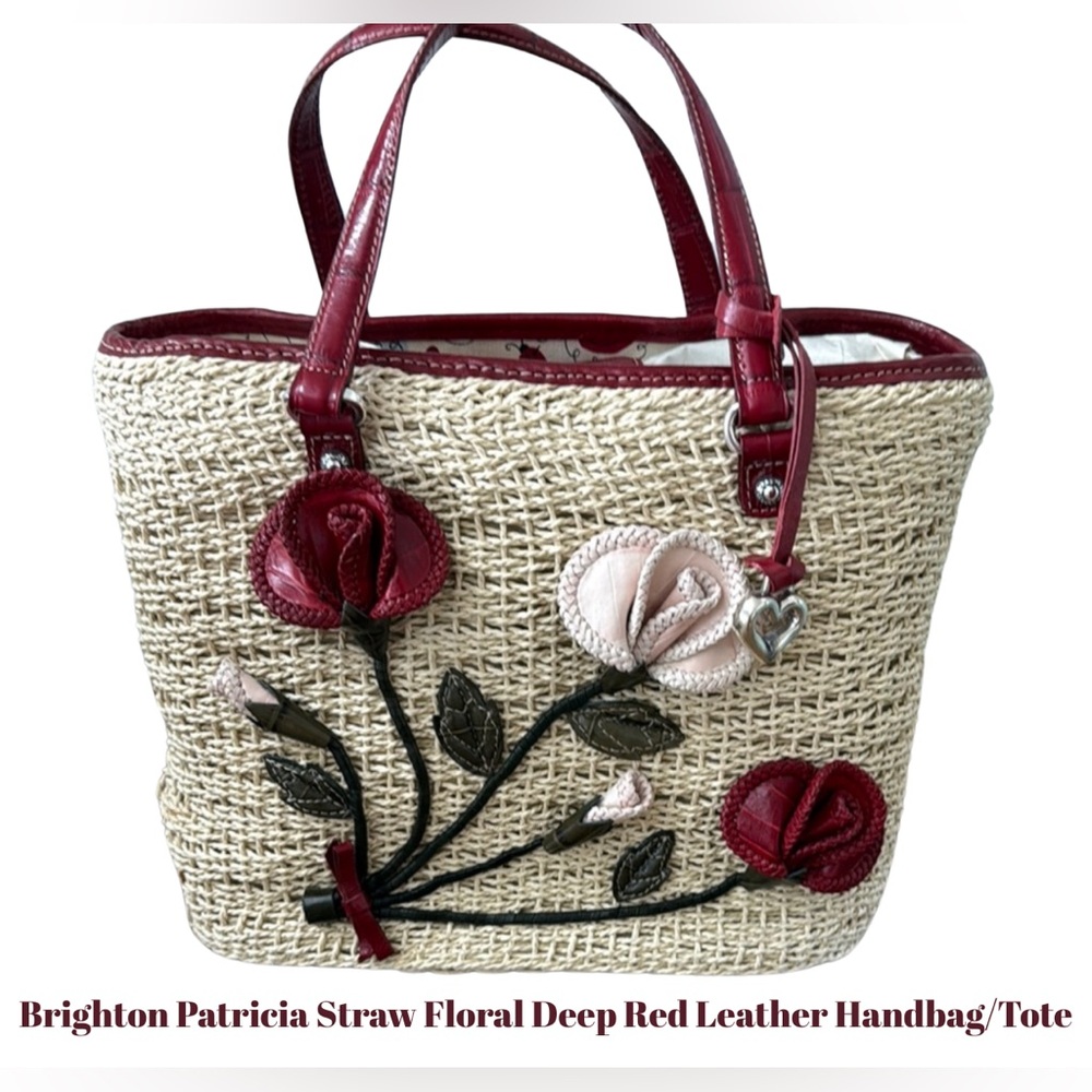 Brighton Patricia Straw Floral Deep Red Leather Handbag/Tote - Picture 1 of 16